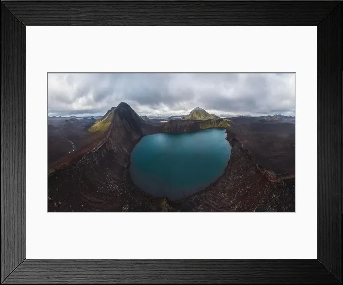 Framed Print : Panoramic drone shot of a vast highlands area in Iceland featuring a stunning crater lake surrounded by rugged Framed Print : Panoramic drone shot of a vast highlands area in Iceland featuring a stunning crater lake surrounded by rugged