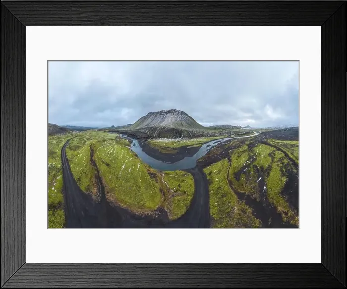 Framed Print : Panoramic view of winding roads through the green highlands of Iceland with majestic mountains Framed Print : Panoramic view of winding roads through the green highlands of Iceland with majestic mountains