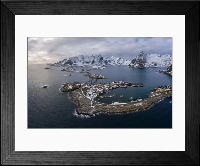 Framed Print : Hamnoy Village and Mountains in Winter. Norwegian Sea and Stormy Sky. Moskenes, Lofoten Islands, Norway. Aerial View Framed Print : Hamnoy Village and Mountains in Winter. Norwegian Sea and Stormy Sky. Moskenes, Lofoten Islands, Norway. Aerial View
