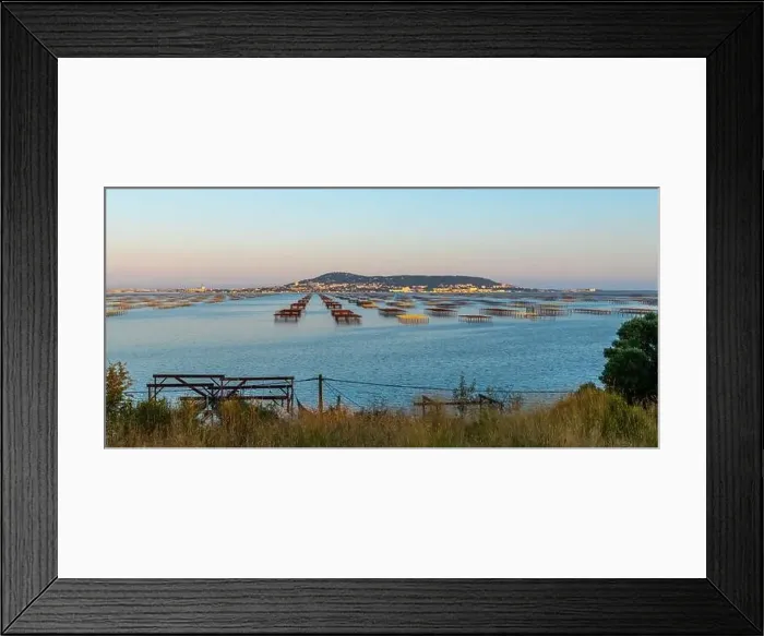Framed Print : Oyster tables on the Etang de Thau, and Mont Saint Clair at sunset, in Occitanie, France Framed Print : Oyster tables on the Etang de Thau, and Mont Saint Clair at sunset, in Occitanie, France