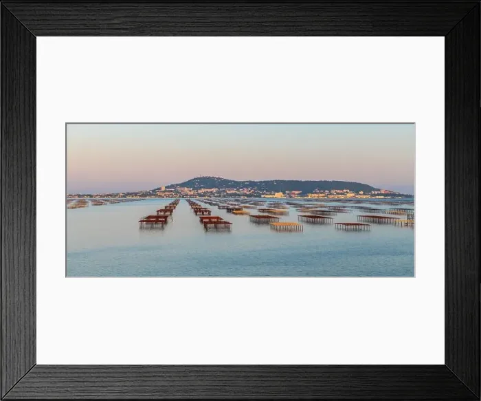 Framed Print : Oyster tables on the Etang de Thau, and Mont Saint Clair at sunset, in Occitanie, France Framed Print : Oyster tables on the Etang de Thau, and Mont Saint Clair at sunset, in Occitanie, France