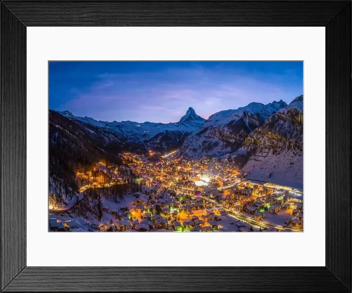 Framed Print : Zermatt Town and Matterhorn Mountain at Winter Night. Swiss Alps, Switzerland. Aerial View Framed Print : Zermatt Town and Matterhorn Mountain at Winter Night. Swiss Alps, Switzerland. Aerial View