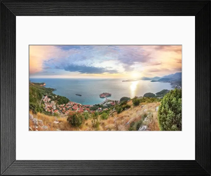 Framed Print : Captivating sunset view of Adriatic coast and islet Sveti Stefan from church st Framed Print : Captivating sunset view of Adriatic coast and islet Sveti Stefan from church st