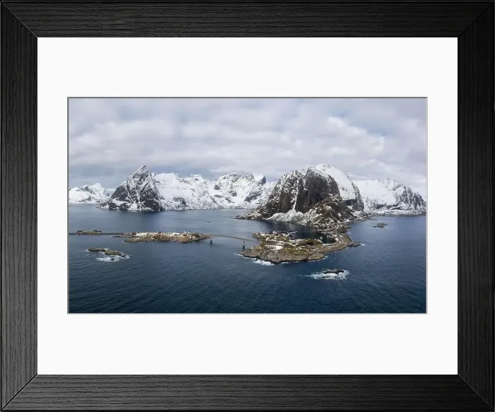 Framed Print : Hamnoy Fishing Village, Festhelltinden and Olstinden Mountain in Winter. Lofoten Islands, Norway. Aerial Panoramic View Framed Print : Hamnoy Fishing Village, Festhelltinden and Olstinden Mountain in Winter. Lofoten Islands, Norway. Aerial Panoramic View
