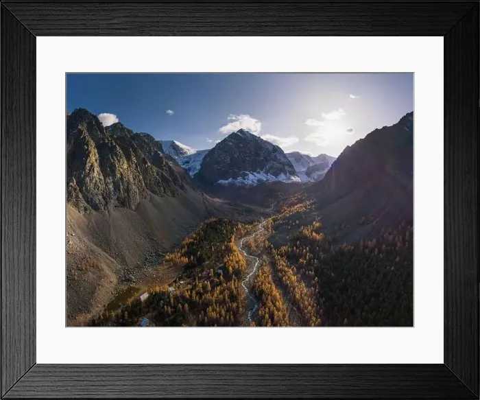 Framed Print : Mount Karatash in Aktru in Autumn. The Altai Mountains in Autumn. Aerial View