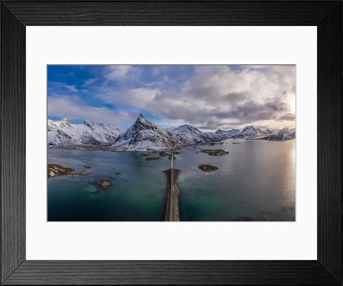 Framed Print : Fredvang Bridge, Car and Volandstind Mountain in Winter. Flakstadoya, Lofoten Islands, Landscape of Norway. Aerial View Framed Print : Fredvang Bridge, Car and Volandstind Mountain in Winter. Flakstadoya, Lofoten Islands, Landscape of Norway. Aerial View