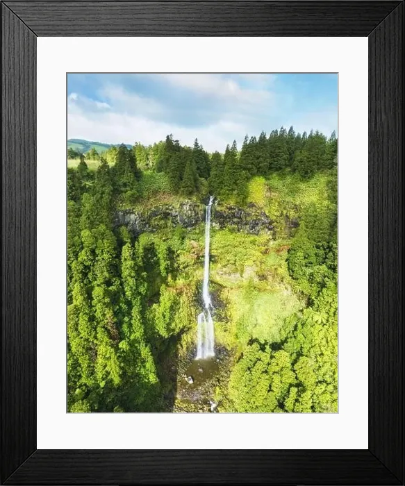 Framed Print : Drone view of Green forest mountain panorama with hot waterfal and river of Ribeira, Sao Miguel Island, Azores, Portugal Framed Print : Drone view of Green forest mountain panorama with hot waterfal and river of Ribeira, Sao Miguel Island, Azores, Portugal
