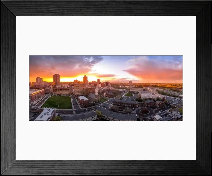 Framed Print : Aerial view of New Brunswick business downtown in New Jersey with stunning colorful sunset sky Framed Print : Aerial view of New Brunswick business downtown in New Jersey with stunning colorful sunset sky