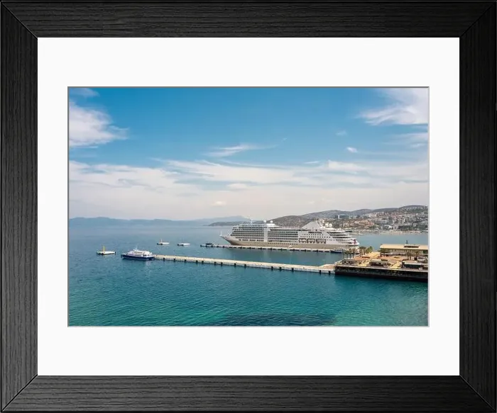 Framed Print : The cruise ship is located on Kusadasi Island in the port of Kusadasi, Turkey