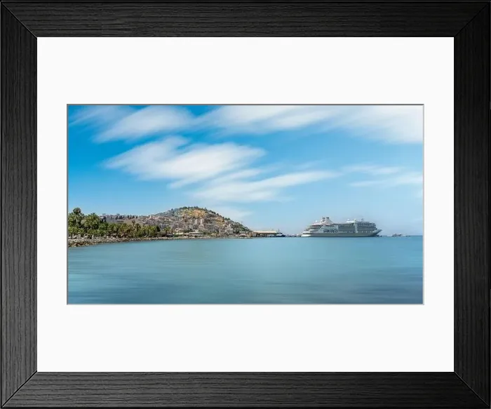 Framed Print : The cruise ship is located on Kusadasi Island in the port of Kusadasi, Turkey