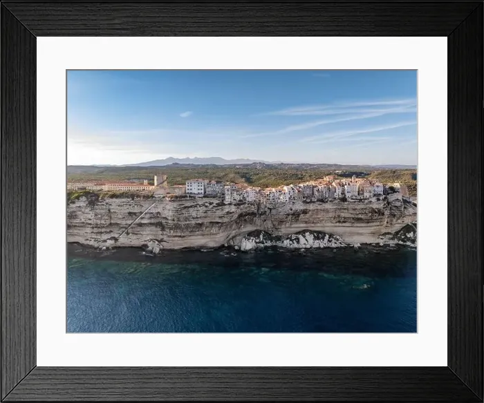 Framed Print : Aerial drone Bonifacio Corsica France cliff side historic town