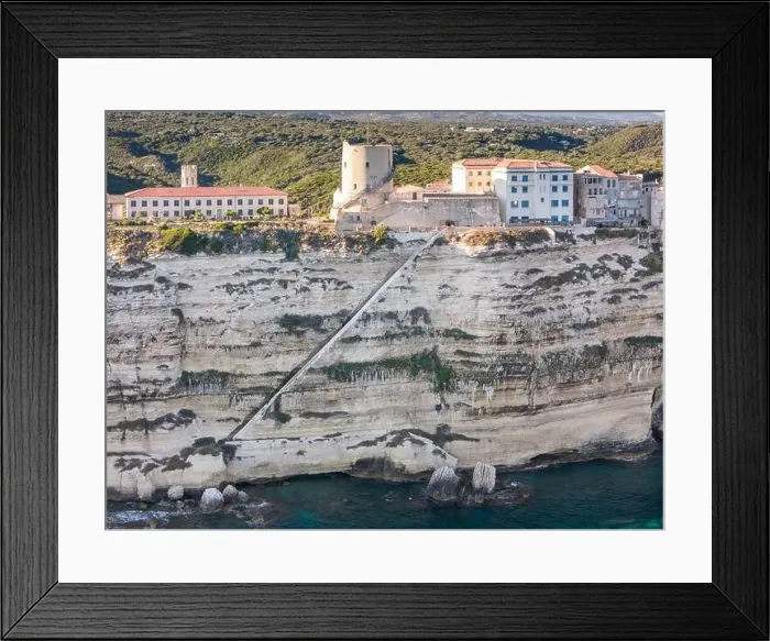 Framed Print : Aerial drone Bonifacio Corsica France cliff side historic town Framed Print : Aerial drone Bonifacio Corsica France cliff side historic town