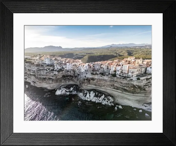 Framed Print : Aerial drone Bonifacio Corsica France cliff side historic town Framed Print : Aerial drone Bonifacio Corsica France cliff side historic town