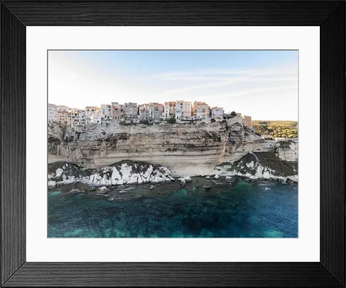 Framed Print : Aerial drone Bonifacio Corsica France cliff side historic town Framed Print : Aerial drone Bonifacio Corsica France cliff side historic town