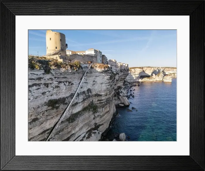 Framed Print : Aerial drone Bonifacio Corsica France cliff side historic town Framed Print : Aerial drone Bonifacio Corsica France cliff side historic town