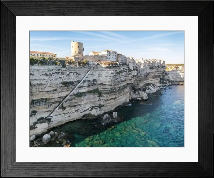 Framed Print : Aerial drone Bonifacio Corsica France cliff side historic town Framed Print : Aerial drone Bonifacio Corsica France cliff side historic town