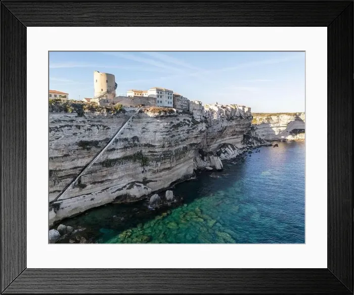 Framed Print : Aerial drone Bonifacio Corsica France cliff side historic town