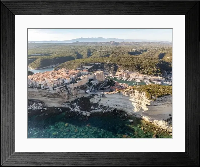 Framed Print : Aerial drone Bonifacio Corsica France cliff side historic town