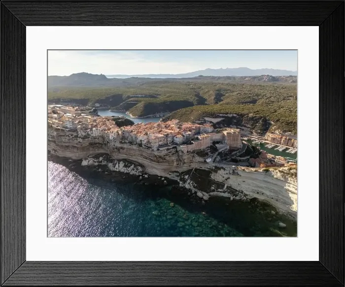 Framed Print : Aerial drone Bonifacio Corsica France cliff side historic town Framed Print : Aerial drone Bonifacio Corsica France cliff side historic town