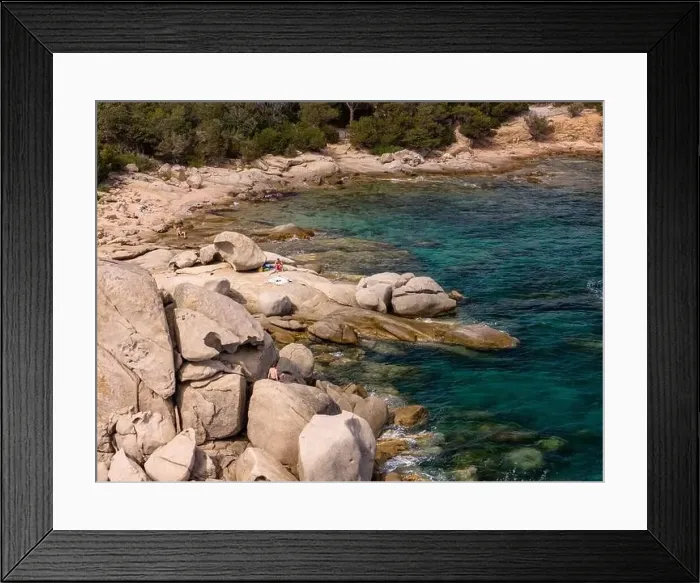Framed Print : Da Mare By Sea Lounge in Porto-Vecchio and surrounding beach aerial view, Corsica France Framed Print : Da Mare By Sea Lounge in Porto-Vecchio and surrounding beach aerial view, Corsica France