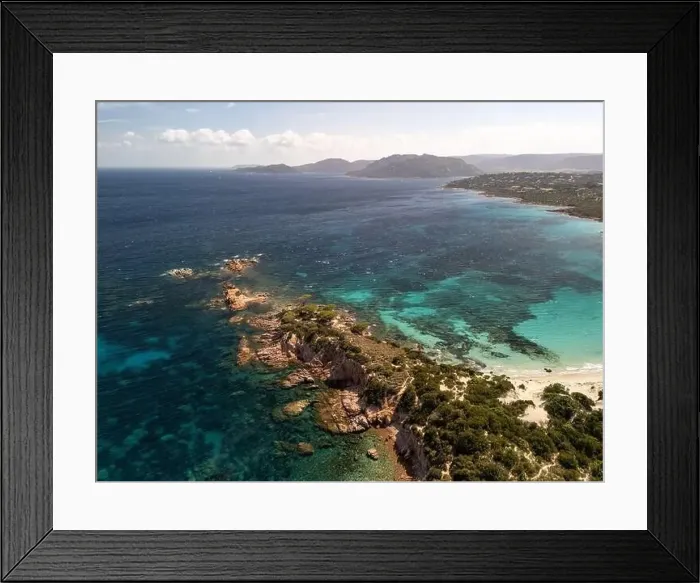 Framed Print : Da Mare By Sea Lounge in Porto-Vecchio and surrounding beach aerial view, Corsica France Framed Print : Da Mare By Sea Lounge in Porto-Vecchio and surrounding beach aerial view, Corsica France