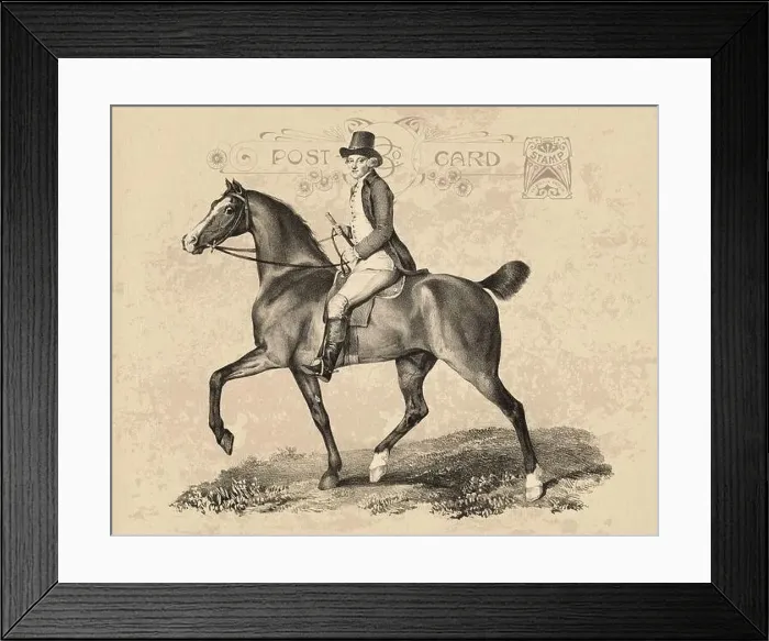 Framed Print : Riding horse drawing. Vintage-style illustration on an aged beige postcard paper background Framed Print : Riding horse drawing. Vintage-style illustration on an aged beige postcard paper background