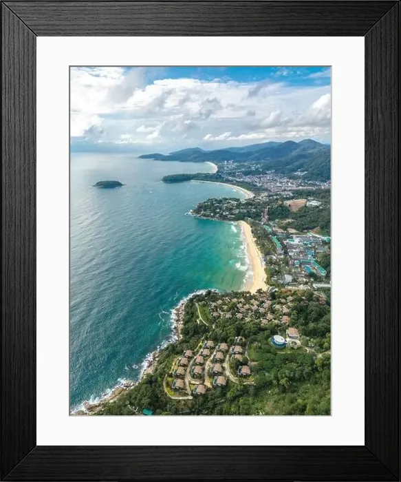 Framed Print : Vertical aerial view of the beautiful 3 beaches of Kata, Kata Noi, and Karon Beach viewpoint at Phuket, Thailand Framed Print : Vertical aerial view of the beautiful 3 beaches of Kata, Kata Noi, and Karon Beach viewpoint at Phuket, Thailand