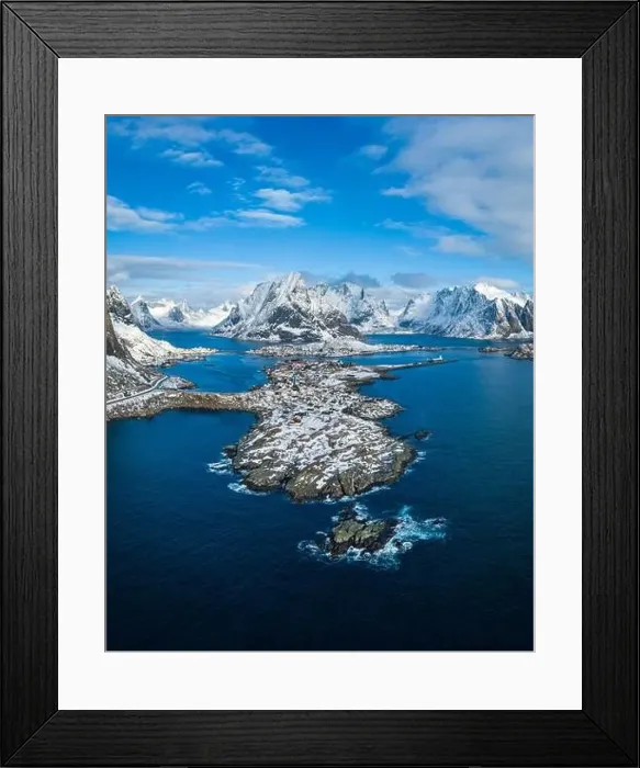 Framed Print : Reine Village and Mountains in Winter. Olstinden Peak. Moskenes, Lofoten Islands. Landscape of Norway. Aerial View Framed Print : Reine Village and Mountains in Winter. Olstinden Peak. Moskenes, Lofoten Islands. Landscape of Norway. Aerial View