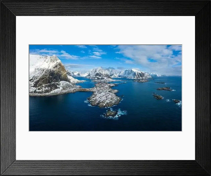 Framed Print : Reine Village and Mountains in Winter. Olstinden Peak. Moskenes, Lofoten Islands. Landscape of Norway. Aerial View Framed Print : Reine Village and Mountains in Winter. Olstinden Peak. Moskenes, Lofoten Islands. Landscape of Norway. Aerial View