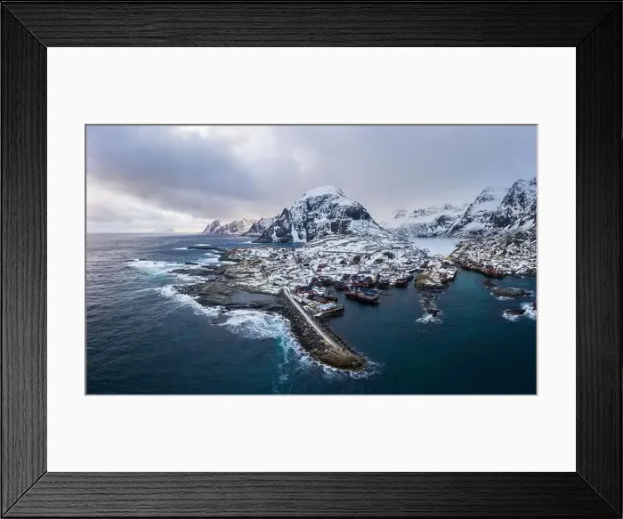 Framed Print : Fishing Village A, Rorbu, Sea and Mountains in Winter. Moskenes, Lofoten Islands. Landscape of Norway. Aerial View Framed Print : Fishing Village A, Rorbu, Sea and Mountains in Winter. Moskenes, Lofoten Islands. Landscape of Norway. Aerial View