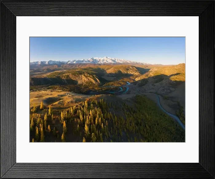 Framed Print : Kurai Steppe, Chuya River, Yellow Larches and Mountains in Autumn. Aerial View. Altai Mountains, Russia Framed Print : Kurai Steppe, Chuya River, Yellow Larches and Mountains in Autumn. Aerial View. Altai Mountains, Russia