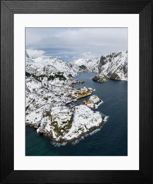Framed Print : Nusfjord Fishing Village, Rorbu, Fjord and Mountains in Winter. Lofoten Islands, Norway. Aerial View Framed Print : Nusfjord Fishing Village, Rorbu, Fjord and Mountains in Winter. Lofoten Islands, Norway. Aerial View