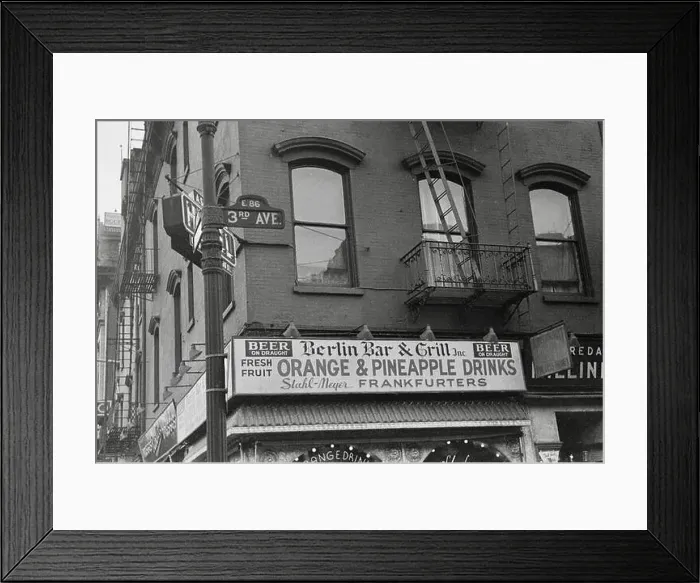 Framed Print : Retail signage, Yorkville, New York City, December 1937 Framed Print : Retail signage, Yorkville, New York City, December 1937