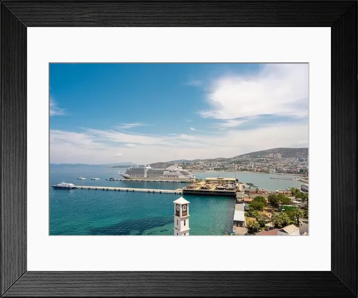 Framed Print : The cruise ship is located on Kusadasi Island in the port of Kusadasi, Turkey