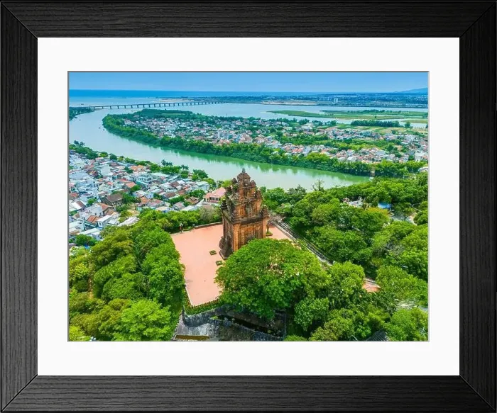 Framed Print : Aerial view of Nhan temple, tower is an artistic architectural work of Champa people in Tuy Hoa city Framed Print : Aerial view of Nhan temple, tower is an artistic architectural work of Champa people in Tuy Hoa city
