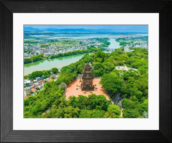 Framed Print : Aerial view of Nhan temple, tower is an artistic architectural work of Champa people in Tuy Hoa city Framed Print : Aerial view of Nhan temple, tower is an artistic architectural work of Champa people in Tuy Hoa city
