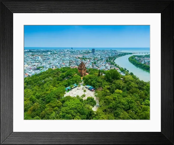 Framed Print : Aerial view of Nhan temple, tower is an artistic architectural work of Champa people in Tuy Hoa city Framed Print : Aerial view of Nhan temple, tower is an artistic architectural work of Champa people in Tuy Hoa city