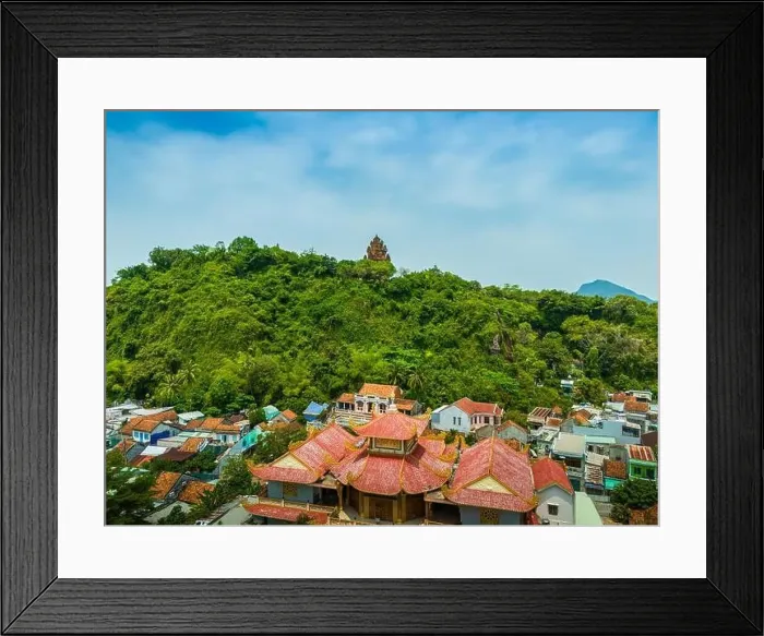 Framed Print : Aerial view of Nhan temple, tower is an artistic architectural work of Champa people in Tuy Hoa city Framed Print : Aerial view of Nhan temple, tower is an artistic architectural work of Champa people in Tuy Hoa city