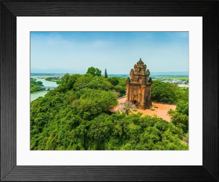 Framed Print : Aerial view of Nhan temple, tower is an artistic architectural work of Champa people in Tuy Hoa city Framed Print : Aerial view of Nhan temple, tower is an artistic architectural work of Champa people in Tuy Hoa city
