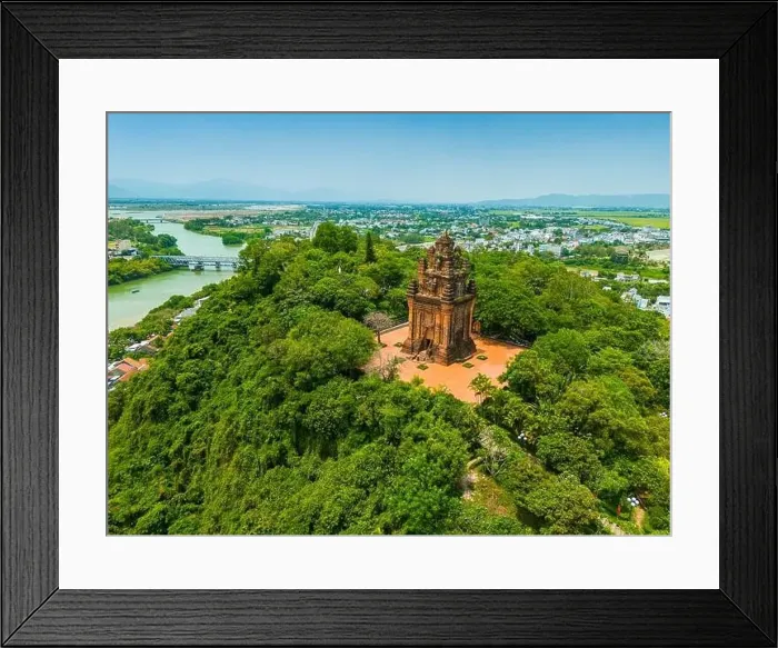 Framed Print : Aerial view of Nhan temple, tower is an artistic architectural work of Champa people in Tuy Hoa city Framed Print : Aerial view of Nhan temple, tower is an artistic architectural work of Champa people in Tuy Hoa city