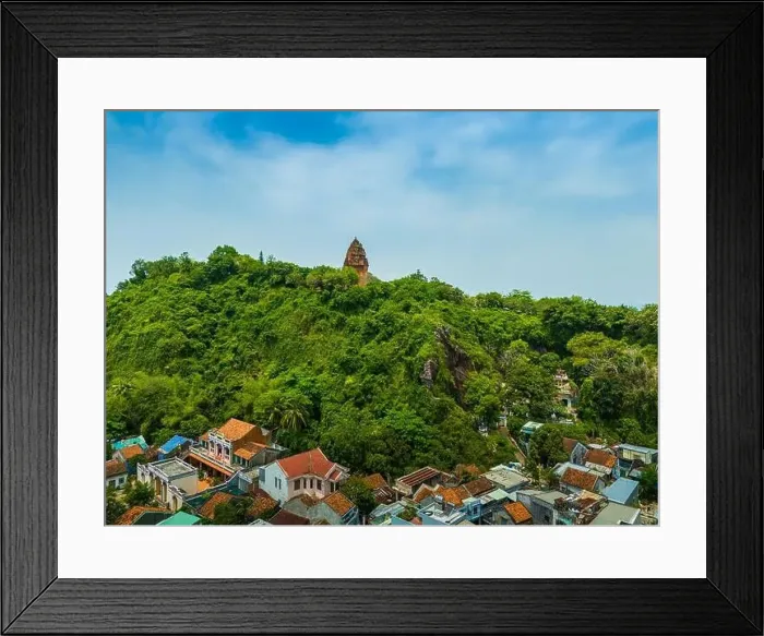Framed Print : Aerial view of Nhan temple, tower is an artistic architectural work of Champa people in Tuy Hoa city Framed Print : Aerial view of Nhan temple, tower is an artistic architectural work of Champa people in Tuy Hoa city