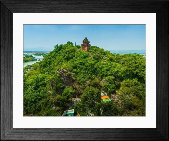 Framed Print : Aerial view of Nhan temple, tower is an artistic architectural work of Champa people in Tuy Hoa city Framed Print : Aerial view of Nhan temple, tower is an artistic architectural work of Champa people in Tuy Hoa city