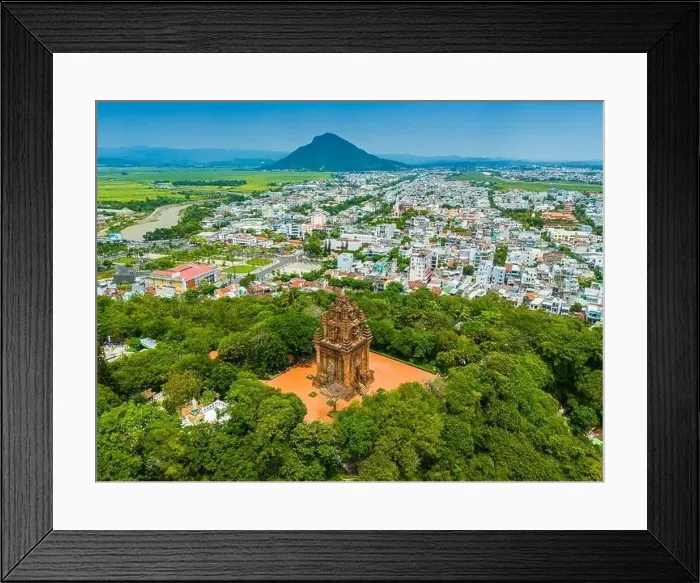 Framed Print : Aerial view of Nhan temple, tower is an artistic architectural work of Champa people in Tuy Hoa city Framed Print : Aerial view of Nhan temple, tower is an artistic architectural work of Champa people in Tuy Hoa city