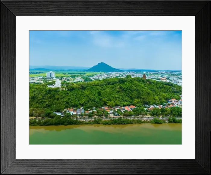 Framed Print : Aerial view of Nhan temple, tower is an artistic architectural work of Champa people in Tuy Hoa city Framed Print : Aerial view of Nhan temple, tower is an artistic architectural work of Champa people in Tuy Hoa city