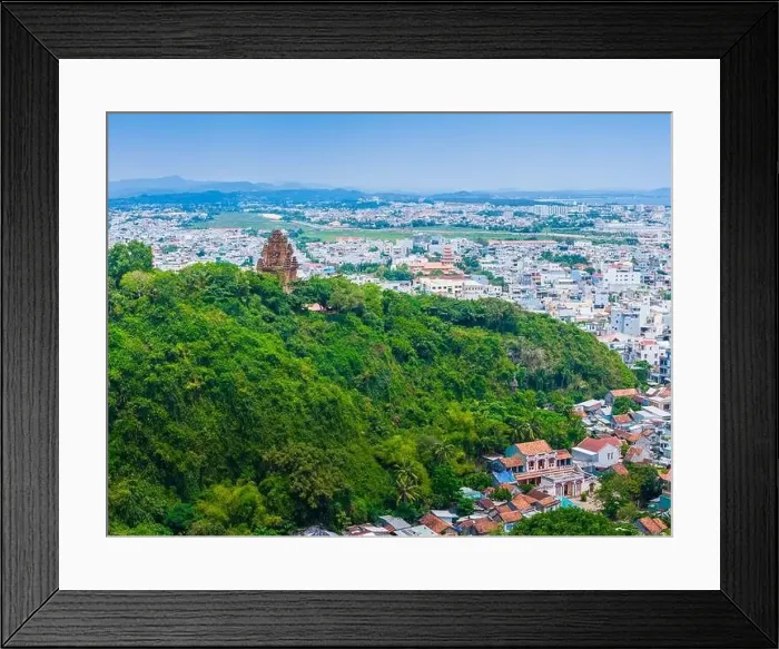 Framed Print : Aerial view of Nhan temple, tower is an artistic architectural work of Champa people in Tuy Hoa city Framed Print : Aerial view of Nhan temple, tower is an artistic architectural work of Champa people in Tuy Hoa city