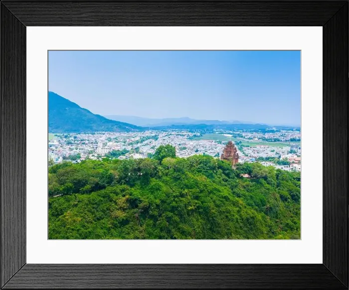 Framed Print : Aerial view of Nhan temple, tower is an artistic architectural work of Champa people in Tuy Hoa city Framed Print : Aerial view of Nhan temple, tower is an artistic architectural work of Champa people in Tuy Hoa city