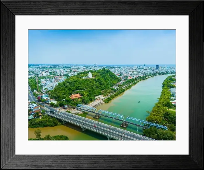 Framed Print : Aerial view of Nhan temple, tower is an artistic architectural work of Champa people in Tuy Hoa city Framed Print : Aerial view of Nhan temple, tower is an artistic architectural work of Champa people in Tuy Hoa city