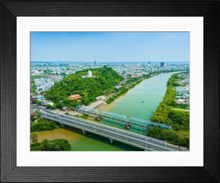 Framed Print : Aerial view of Nhan temple, tower is an artistic architectural work of Champa people in Tuy Hoa city Framed Print : Aerial view of Nhan temple, tower is an artistic architectural work of Champa people in Tuy Hoa city