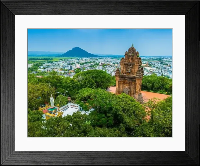 Framed Print : Aerial view of Nhan temple, tower is an artistic architectural work of Champa people in Tuy Hoa city Framed Print : Aerial view of Nhan temple, tower is an artistic architectural work of Champa people in Tuy Hoa city