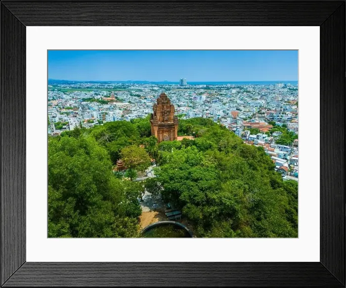 Framed Print : Aerial view of Nhan temple, tower is an artistic architectural work of Champa people in Tuy Hoa city Framed Print : Aerial view of Nhan temple, tower is an artistic architectural work of Champa people in Tuy Hoa city